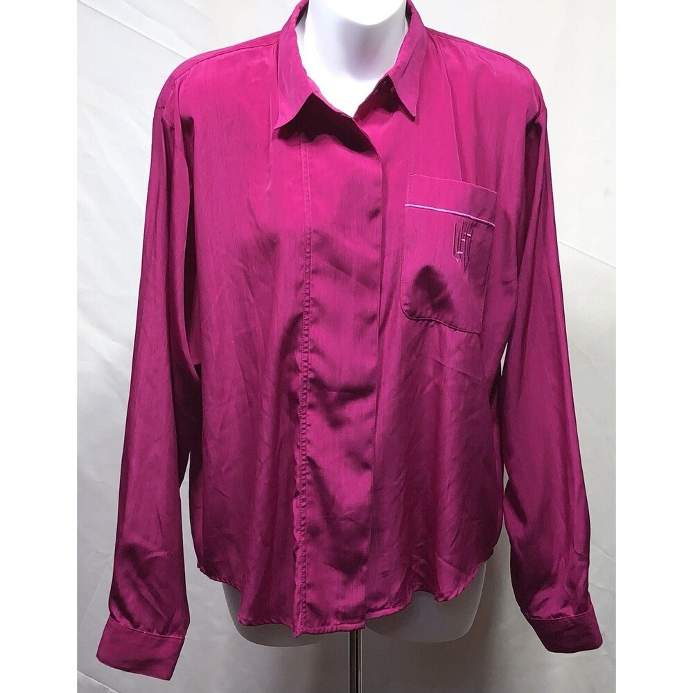 Vintage Fortina Silky Top Blouse 12 Purple Magenta ButtonUp LongSleeve Career